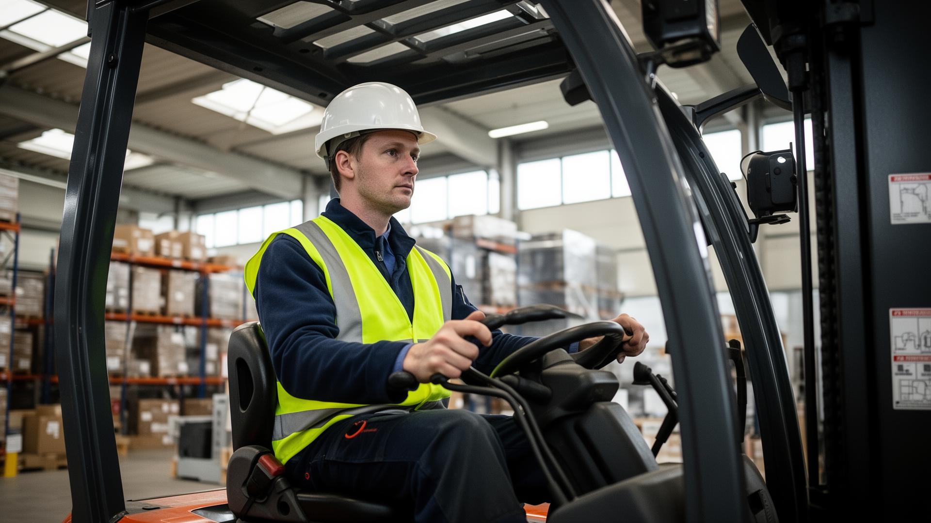 Truckfører med vernehjelm og synlighetsvest i moderne lager
